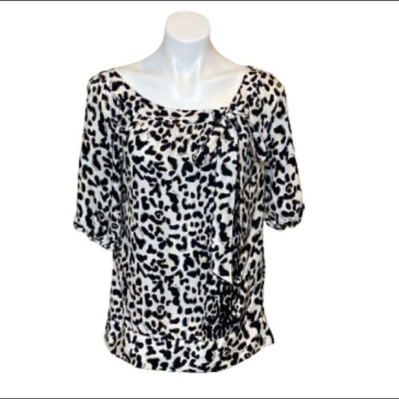 White House Black Market silk leopard print tie neck top size M - Picture 1 of 16